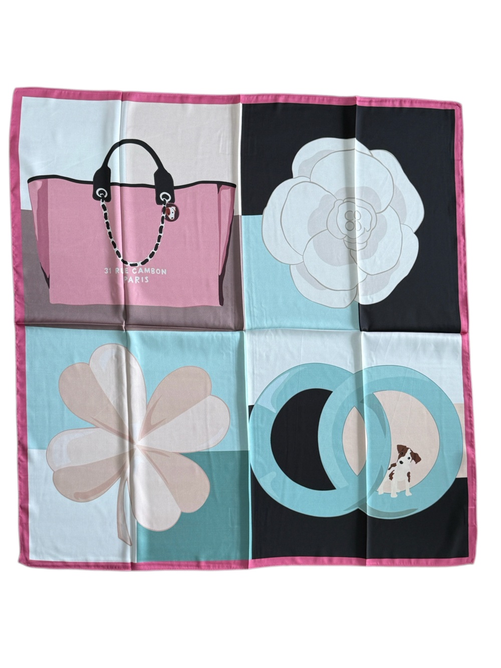 Luxury 90cm Silk Scarf with Pink, Black and Aqua Floral & Bag Motif